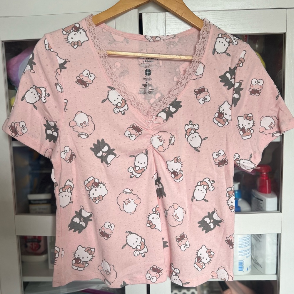 Sanrio Hello Kitty and Friends Baby Pink Allover Print Lace Crop Top Size XL